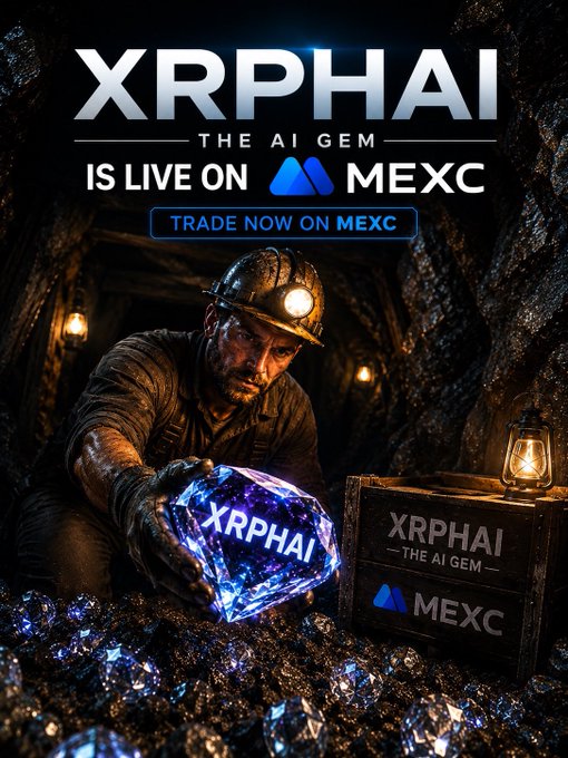A promotional advertisement for "XRPHAI — THE AI GEM" announcing it is live on MEXC, featuring a miner in a candlelit mine holding a glowing blue crystal and a wooden crate of gems.