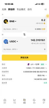 A screenshot of a Binance crypto exchange app showing BNB and USDC balances, with approximately 0.2 BNB and 142.310161 USDC displayed in the wallet section.