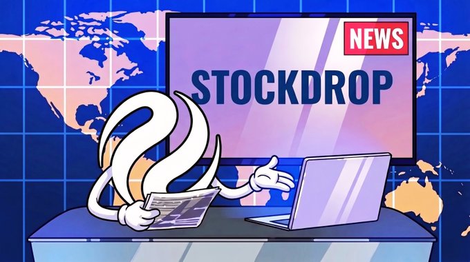 A cartoon character with question marks for a body holding a newspaper at a news desk, with a screen behind displaying 'STOCKDROP NEWS' and a world map background.
