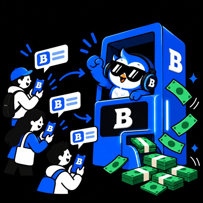 A cartoon illustration showing a penguin mascot wearing sunglasses and headphones, dispensing stacks of cash from a blue machine labeled 'B' while people send 'B' messages on their phones.