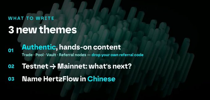 A presentation slide titled 'WHAT TO WRITE' lists '3 new themes': 01) Authentic, hands-on content (Trade · Pool · Vault · Referral nodes — drop your own referral code), 02) Testnet → Mainnet: what's next?, and 03) Name HertzFlow in Chinese, set against a dark green geometric background.