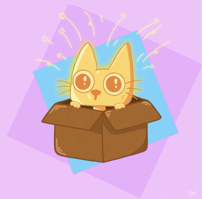 A surprised cat peeks out of a cardboard box with sparkles bursting around it, set against a purple and blue geometric background—illustrating the post's message that $cets (like a cat in a box) may seem "boring" but holds hidden potential waiting for the right catalyst to spark excitement and value.