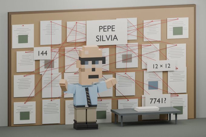 A 3D render showing a blocky character in front of a conspiracy board with red string connections, featuring papers labeled 'PEPE SILVIA', '144', '12 x 12', and '7741?'.