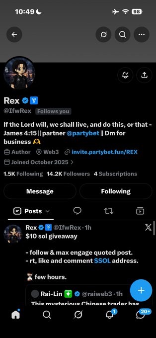A Twitter profile for Rex (@IfwRex) with a James 4:15 bio, promoting a $10 sol giveaway with engagement rules referencing $SOL and PartyBet.