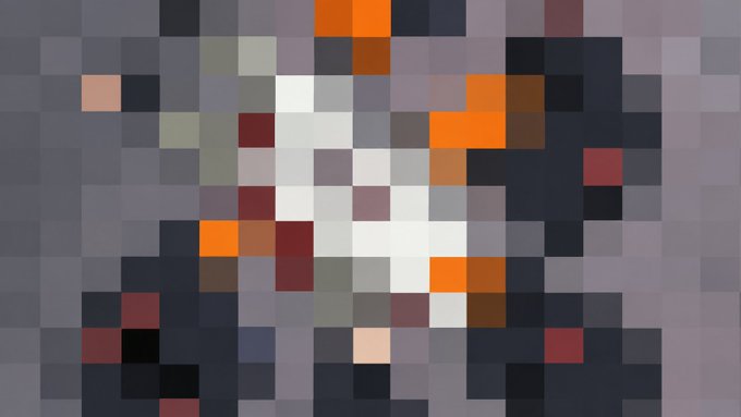 A highly pixelated, low-resolution image with scattered gray, white, orange, and dark blocks makes the subject nearly impossible to identify, fitting the challenge of an anime recognition test where minimal visual information must be used to guess the character.