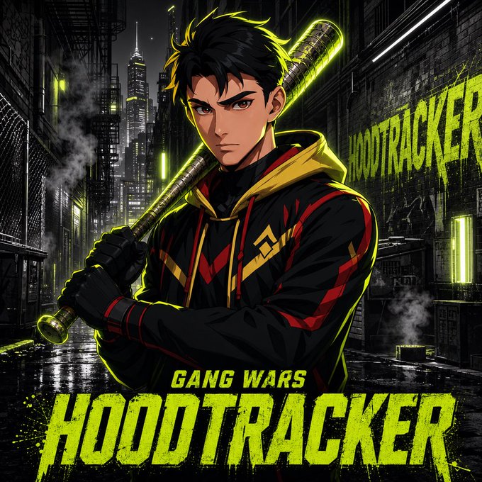 An anime-style poster depicting a serious young man holding a glowing yellow baseball bat in a dark alleyway, titled "GANG WARS HOODTRACKER".