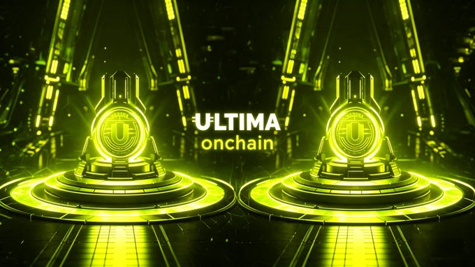 Futuristic green neon graphic with glowing circular platforms displaying the text "ULTIMA onchain" between two illuminated pillars.
