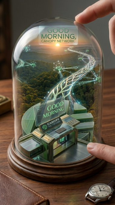 A glass dome display containing a miniature 'Canopy Network' cityscape with glowing DNA-like helixes and 'GOOD MORNING' signs, with a hand reaching toward it and a wristwatch nearby.