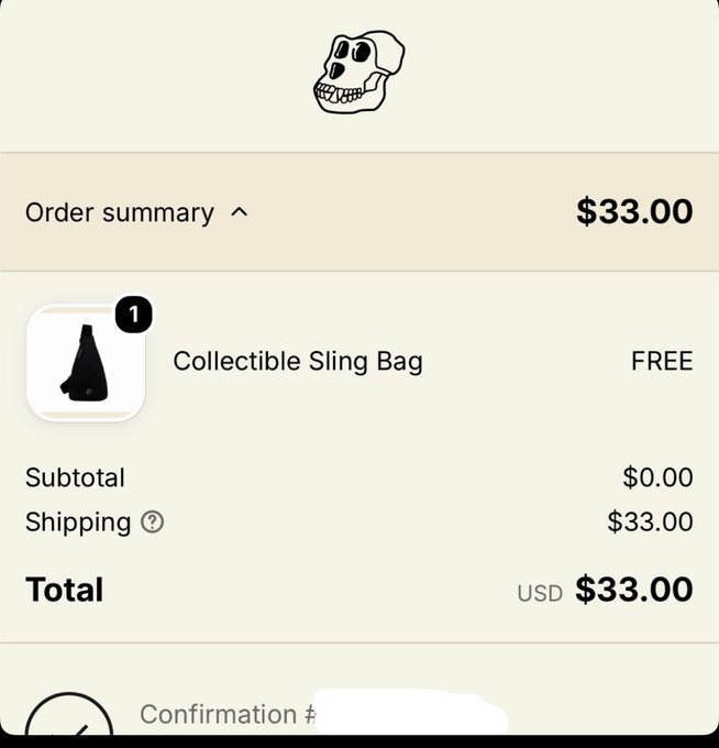 A mobile order summary screen displays a "Collectible Sling Bag" for FREE with a $0.00 subtotal, but shipping costs $33.00, bringing the total to USD $33.00.