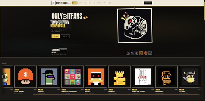 A screenshot of the OnlyBitFans NFT marketplace website with a Bitcoin-themed logo, displaying "ONLY BITFANS" and "TWO CHAINS ONE WALL" text, featuring pixel art NFT collections like Minecraft-themed items and anime characters.