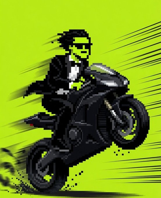 A pixelated image shows a character resembling the Joker in a tuxedo riding a black motorcycle at high speed, indicated by motion lines against a lime green background.