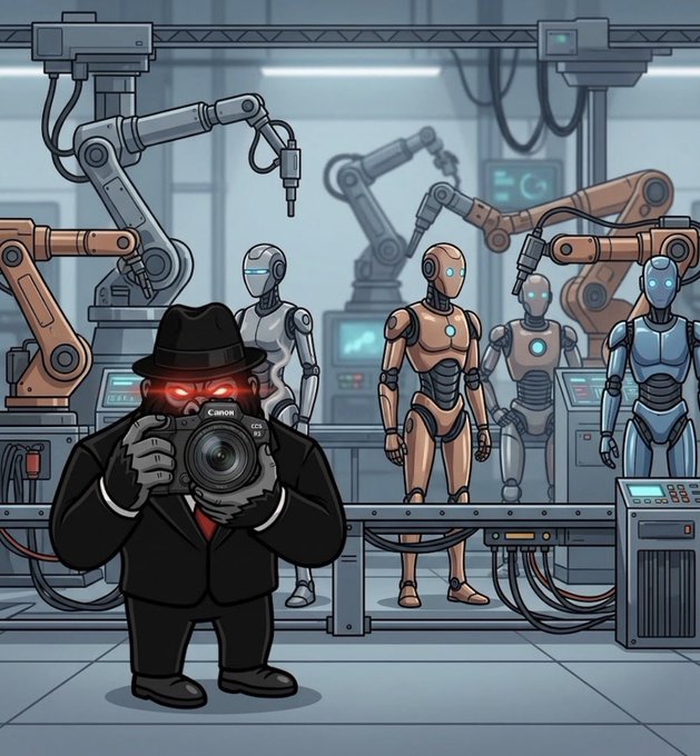 An illustration depicts a stout man in a black suit and fedora with glowing red eyes taking a photo with a Canon camera, while humanoid robots work on an assembly line in the background.
