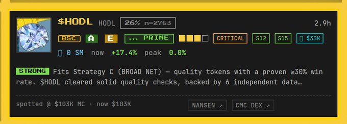 A crypto token dashboard displays real-time data for **$HODL** on the BSC network, showing a market cap of **$33K** (down 17.4% from a $40M peak) with a 26% holder concentration across 2,763 holders and a 2.9h age. The interface tags it as "PRIME," "CRITICAL," and "STRONG," fitting "Strategy C (BROAD NET)" with quality checks, spotted at $103K MC — matching the post's flag from Aug 09 at the same market cap before its 312% rally to $425K on Aug 14.