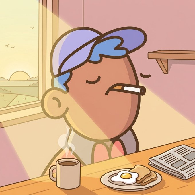 A cartoon illustration shows a character with a purple head covering peacefully smoking a cigarette while enjoying a steaming coffee, fried egg, and toast at a table with a newspaper, bathed in warm morning sunlight from a window.