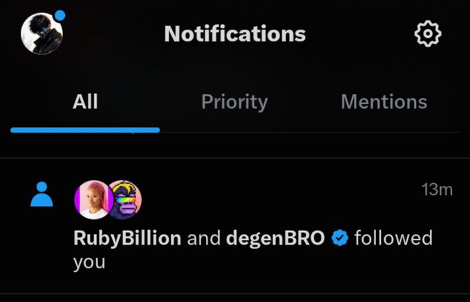 A screenshot of a Twitter 'Notifications' tab showing that users 'RubyBillion' (profile picture matching the woman in Image 4) and 'degenBRO' followed the account 13 minutes ago.