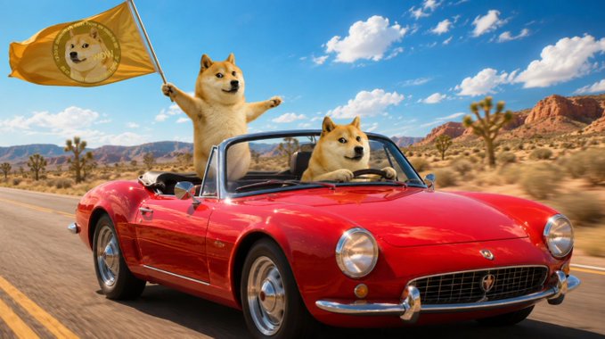 Two Shiba Inu dogs, one standing in the back waving a yellow Dogecoin flag and one driving, ride in a red convertible car through a desert landscape.