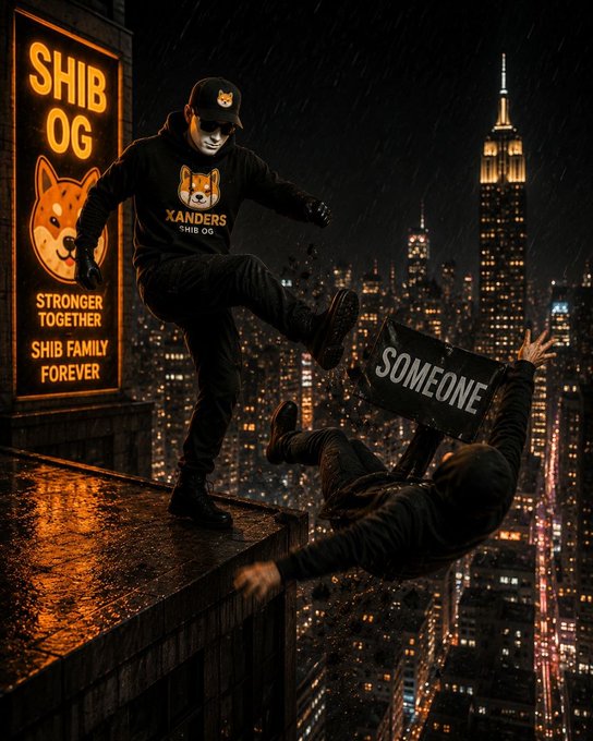The image depicts a masked figure wearing "SHIB OG" and "XANDERS" branded clothing standing on a rooftop in the rain, kicking a hooded person holding a sign that reads "SOMEONE" off the edge, with the message "STRONGER TOGETHER, SHIB FAMILY FOREVER" glowing in the background. This dramatic scene visualizes the post's defense of $SHIB, symbolizing how the community is rejecting claims of central ownership or scam allegations by kicking out the idea of "SOMEONE" owning the project.