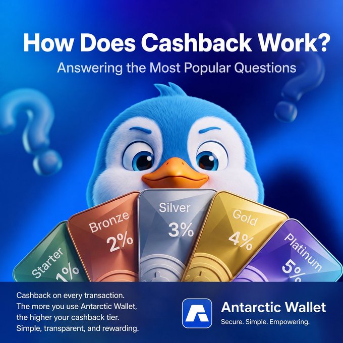 An advertisement for 'Antarctic Wallet' explains 'How Does Cashback Work?' with a penguin mascot and tier system showing Starter 1%, Bronze 2%, Silver 3%, Gold 4%, and Platinum 5%.