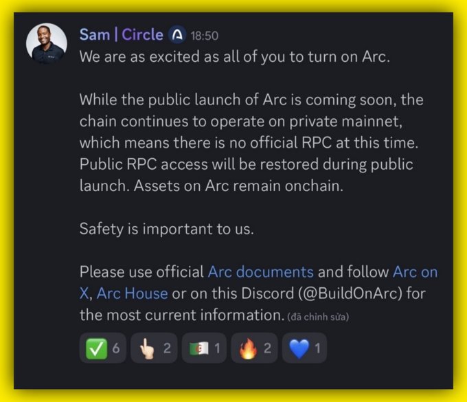 A Discord message from 'Sam | Circle' explaining that while Arc's public launch is coming soon, the chain operates on private mainnet with no official RPC, directing users to Arc documents and social channels.