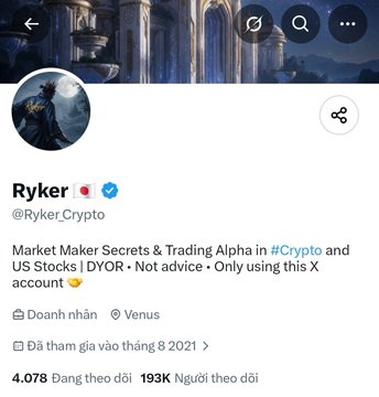 The image shows the X (formerly Twitter) profile of Ryker (@Ryker_Crypto), described as a "Market Maker Secrets & Trading Alpha" account focused on Crypto and US Stocks, with 4,078 following and 193K followers. The accompanying post discusses accusations against Ryker, including begging KOLs for promotion and allegedly impersonating a Japanese person, which contrasts with his large following and self-branding as a market authority.