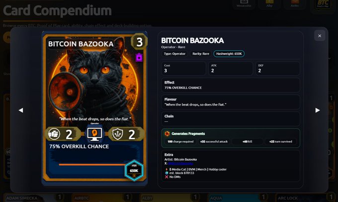 A 'Card Compendium' screen from a game showing a 'BITCOIN BAZOOKA' card, Operator: Rare, with stats of Cost 3, ATK 2, DEF 2, and 75% Overkill Chance, featuring artwork of a black cat with a bazooka.