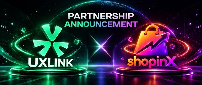 A vibrant 'Partnership Announcement' graphic between UXLINK (green logo) and shopinX (orange logo).