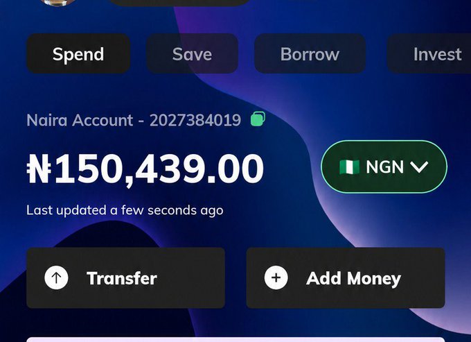 A screenshot of a mobile banking app dashboard displaying a Naira Account (2027384019) with a balance of ₦150,439.00, featuring navigation tabs for Spend, Save, Borrow, and Invest, alongside Transfer and Add Money buttons. The image appears to support a post promoting staking opportunities and cash rewards by showcasing account balance visibility on a financial platform.