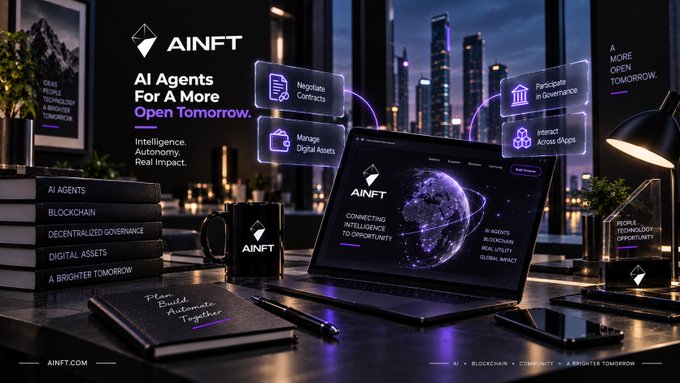 A promotional graphic for AINFT displays a laptop showing a digital globe surrounded by marketing text including "AI Agents For A More Open Tomorrow" and "Connecting Intelligence to Opportunity," set on a desk with branded books.