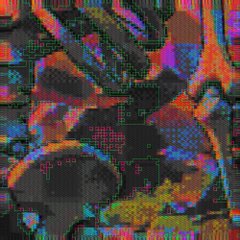 An abstract digital artwork featuring colorful, fragmented patterns in orange, purple, blue, and green with pixelated glitch effects.