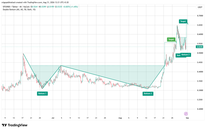 TradingView 4-hour chart of SPY6900/USDT showing a Double Bottom pattern (All, All, 50, Both, 10) with labeled Bottom 1, Bottom 2, BoR, and Targets around 0.5500 and 0.6500.