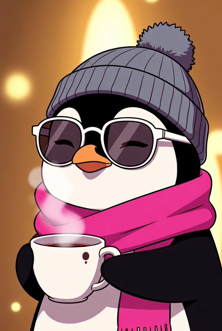 An illustration depicts a penguin character wearing a purple beanie, sunglasses, and a pink scarf, smiling while holding a steaming cup of coffee or tea against a warm, glowing background.