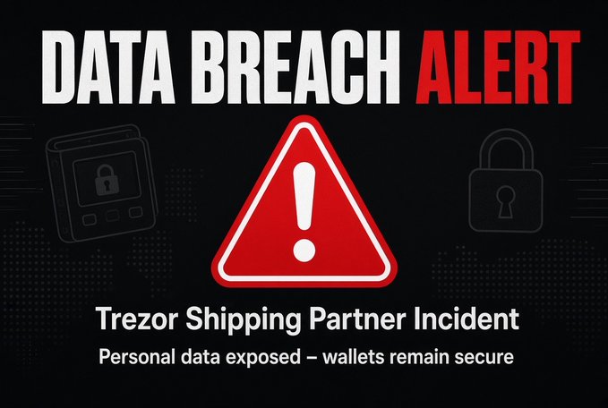 A 'DATA BREACH ALERT' warning graphic about a 'Trezor Shipping Partner Incident' stating that personal data was exposed but wallets remain secure.