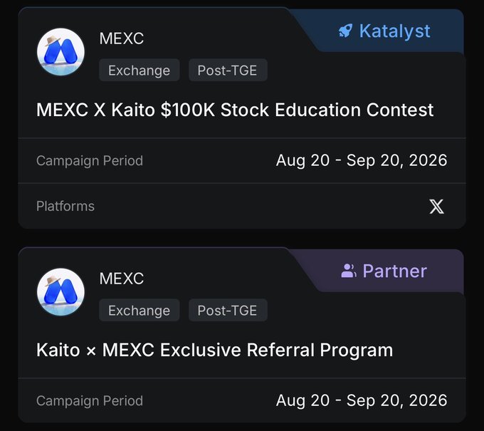 Two campaign listings from MEXC exchange: 'MEXC X Kaito $100K Stock Education Contest' (Katalyst) and 'Kaito × MEXC Exclusive Referral Program' (Partner), both running from Aug 20 - Sep 20, 2026.