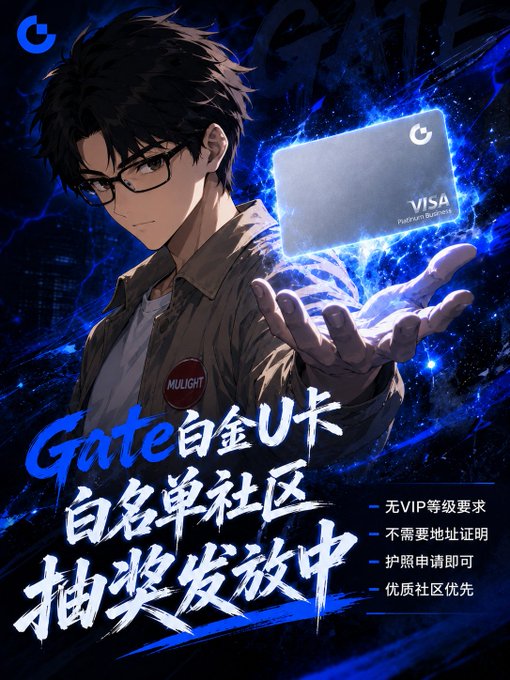 The image features a poster for Gate, which is an anime character from the series Gate U. The poster includes a man holding a Visa card with his right hand while his left hand is raised in front of him. The background of the poster has blue and purple colors, giving it a futuristic appearance. The text on the poster is written in Chinese characters, indicating that this is an anime poster for Gate U.