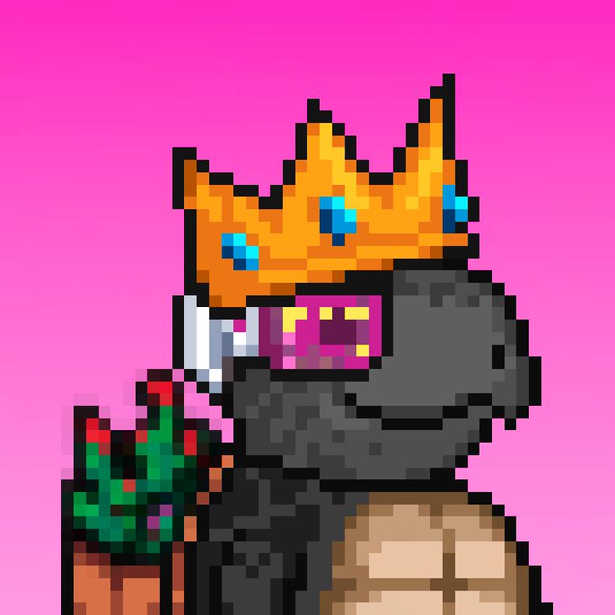 Pixel art of a character wearing a golden crown with blue jewels, set against a pink background.