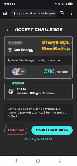 A mobile screen displaying an 'ACCEPT CHALLENGE' prompt for STEPN SOL ShoeBox x10, requiring 4+ Energy in a single session, with options to 'GIVE UP' or 'CHALLENGE NOW.'