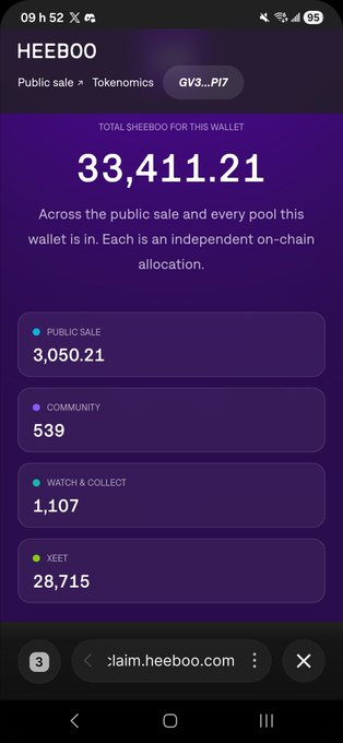 A screenshot of a mobile website displaying a 'HEEBOO' token wallet page showing 'TOTAL SHEEBOO FOR THIS WALLET 33,411.21' and a breakdown of allocations across Public Sale, Community, Watch & Collect, and XEET.