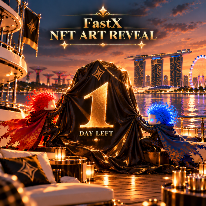 A luxury promotional poster titled 'FastX NFT ART REVEAL' showing two pixel-art figures unveiling a golden '1 DAY LEFT' number against a backdrop of a yacht, Singapore skyline, and Ferris wheel at sunset.