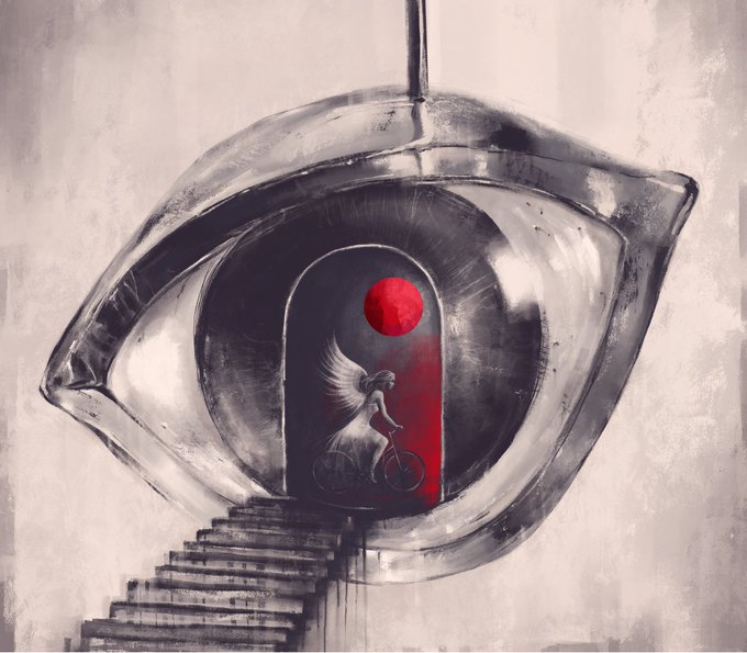 A surreal artwork shows a large stylized eye with a staircase leading into its iris, where a small winged figure rides a bicycle beneath a red orb in a dark arched doorway.