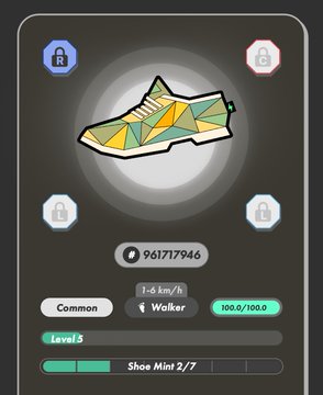 The image shows a shoe with a geometric pattern, possibly a mosaic or a 3D design, displayed against a black background. The shoe appears to be made of leather and has a unique pattern that stands out from typical footwear designs. The image also contains text elements such as "common", "level 1", "shoe mint 2/7", and "walker". These details provide context about the shoe's features or its purpose, possibly related to a gaming experience or an interactive design project.