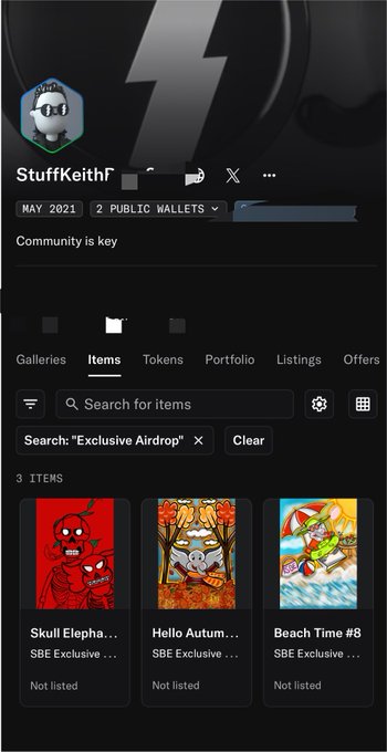 A mobile screenshot of an NFT profile page for "StuffKeithf" showing their collection of "SBE Exclusive" items including "Skull Elepha...", "Hello Autumn", and "Beach Time #8", currently searching for "Exclusive Airdrop".