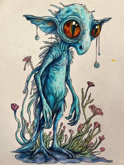 A whimsical ink and watercolor drawing of a blue, alien-like creature with large orange eyes, long limbs, and dangling earrings, standing among stylized plants and flowers.
