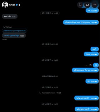 A WhatsApp chat with "Chiga" shows repeated unanswered messages from YNT.bet requesting a Tron wallet for payment ($132 and $233), ending with "why not now?" and "why you rep ?", illustrating the failed communication and unfulfilled payment arrangement referenced in the post.