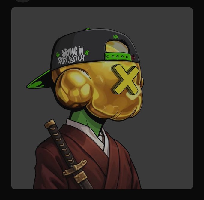 A stylized character wearing a black cap with text 'say no in that bitch', a golden mask with an X over one eye, and a maroon robe with a katana.