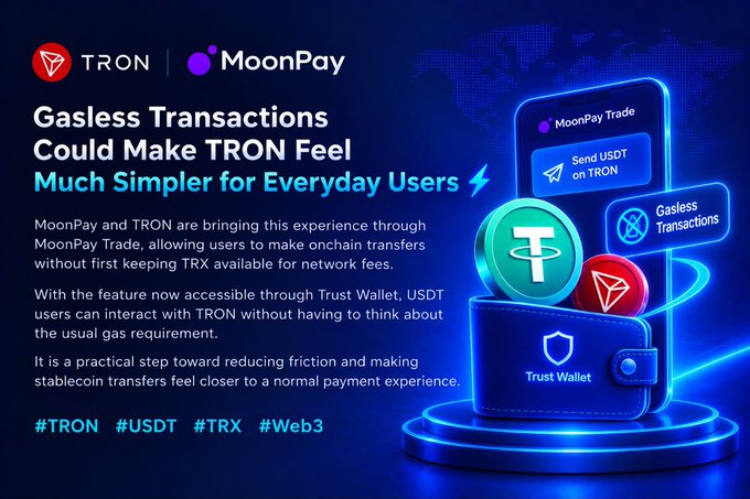 A promotional graphic for TRON and MoonPay titled 'Gasless Transactions Could Make TRON Feel Much Simpler for Everyday Users,' featuring icons for USDT, TRX, MoonPay Trade, and Trust Wallet, with hashtags #TRON #USDT #TRX #Web3.