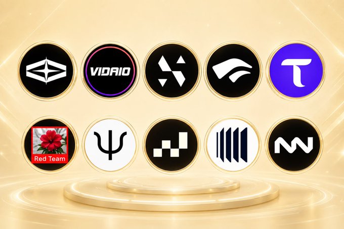 A digital graphic features ten circular icons on a gold stage, displaying logos for various Bittensor ecosystem projects including VidAIo, a "Red Team" emblem, and others, which visually represent the subnet ecosystem highlighted in the accompanying Bittensor weekly update post.