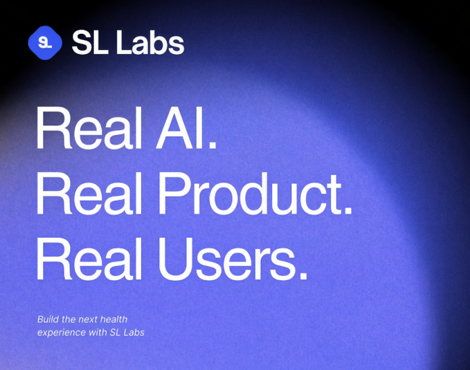 A promotional graphic for SL Labs featuring the tagline "Real AI. Real Product. Real Users." with the subtext "Build the next health experience with SL Labs," displayed in white text against a deep blue gradient background, reinforcing the post's point that this project stands out by having tangible deliverables rather than just a whitepaper and token.