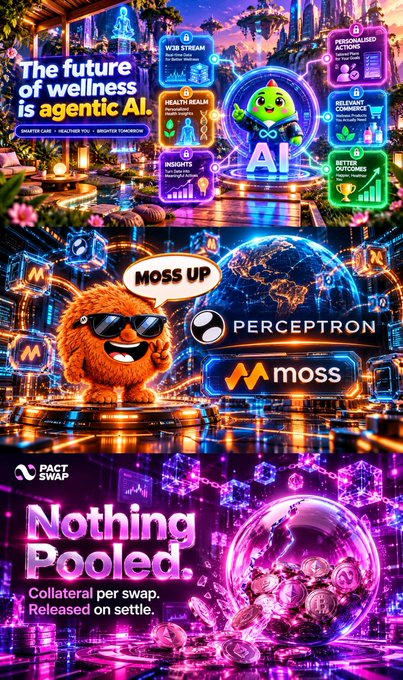 A vertical collage of three digital advertisements featuring 'The future of wellness is agentic AI', a 'MOSS UP' ad for 'PERCEPTRON MOSS', and 'PACT SWAP' promoting 'Nothing Pooled' collateral per swap.