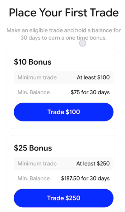 A mobile app screen titled "Place Your First Trade" displays two bonus tiers—a $10 Bonus requiring at least $100 in trades and a $75 balance held for 30 days, and a $25 Bonus requiring at least $250 in trades and a $187.50 balance held for 30 days—both with blue "Trade" buttons. The image illustrates the Base App campaign's straightforward earning structure, showing how users can claim free USDC by meeting specific trading volume and balance-holding requirements.
