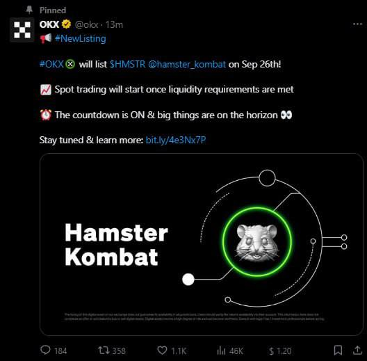 A Twitter/X post by 'OKX' announcing that '$HMSTR @hamster_kombat' will be listed on Sep 26th, featuring a 'Hamster Kombat' graphic with a hamster illustration.